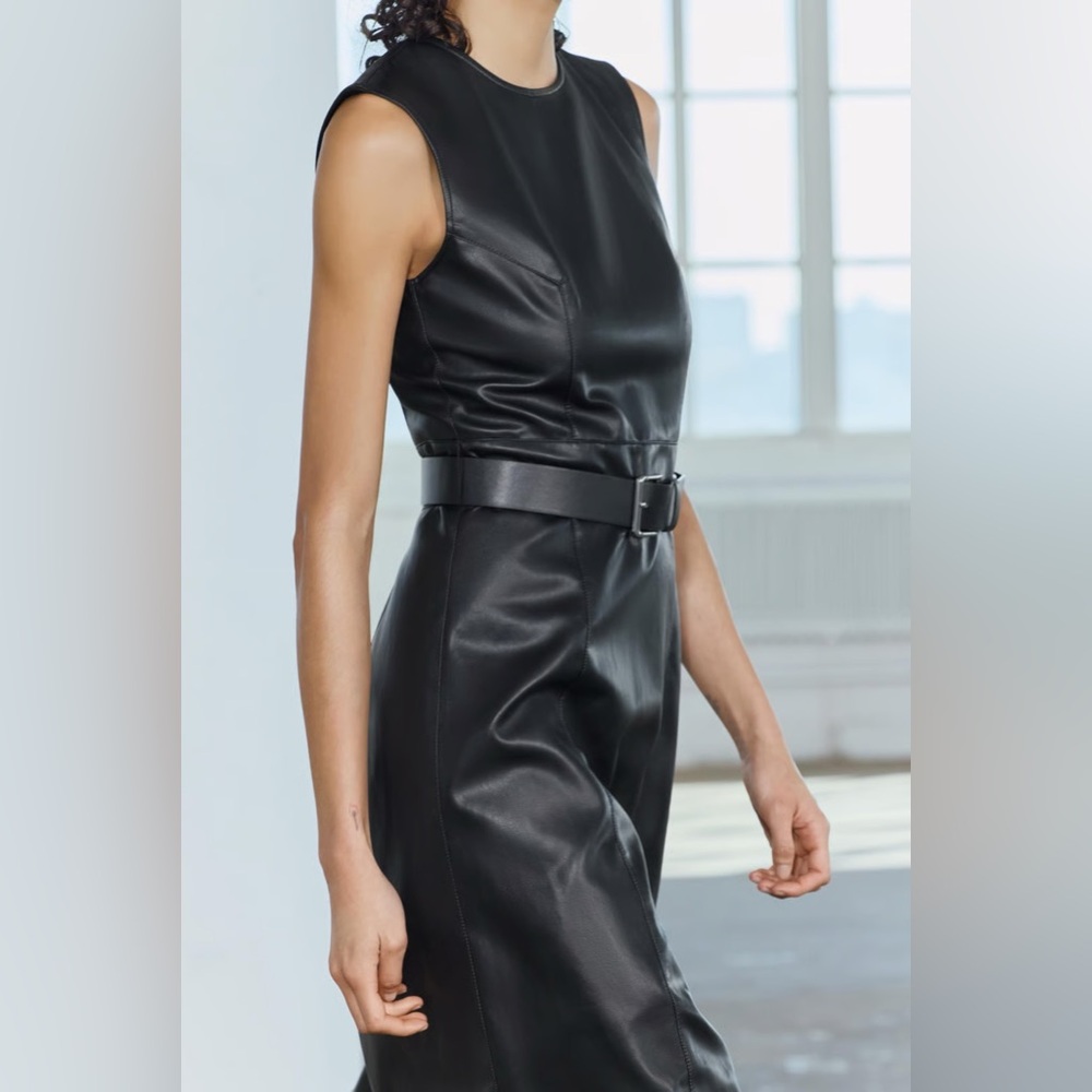 Zara Faux Leather Black Midi Dress ZW Collar Women’s Size XS (no belt) NWOT